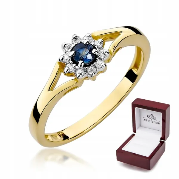 Złoty Pierścionek Zaręczynowy 585 Szafir Diamenty