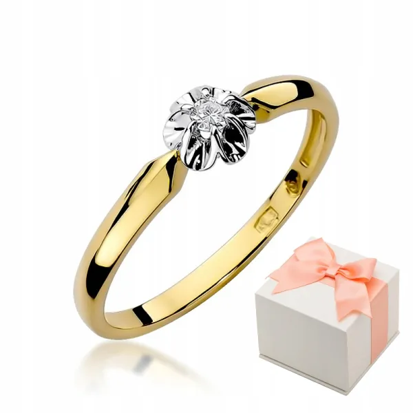 Złoty 585 Pierścionek Zaręczynowy Brylant Grawer