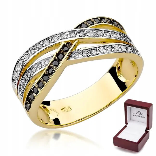 Złoty 585 Pierścionek Czarne Brylanty Grawer