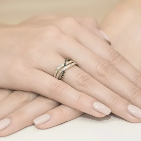 Złoty 585 Pierścionek Czarne Brylanty Grawer