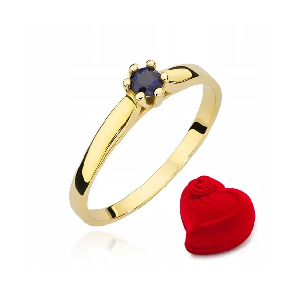 Złoty 585 Pierścionek Zaręczynowy Szafir Grawer