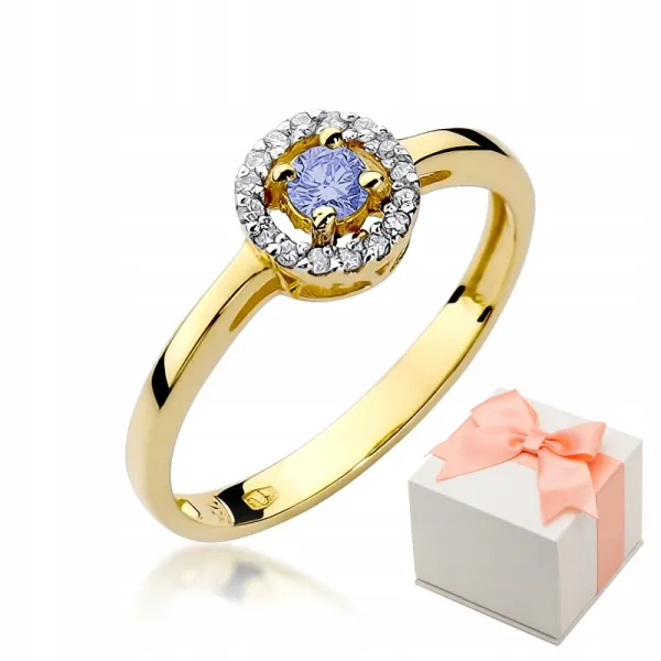 Złoty 585 Pierścionek Tanzanit Brylanty Grawer