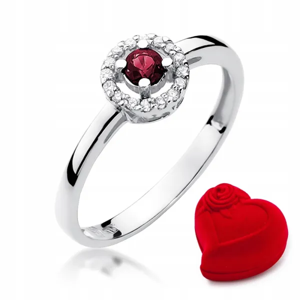 Pierścionek 585 Białe Złoto Rubin Diamenty Prezent
