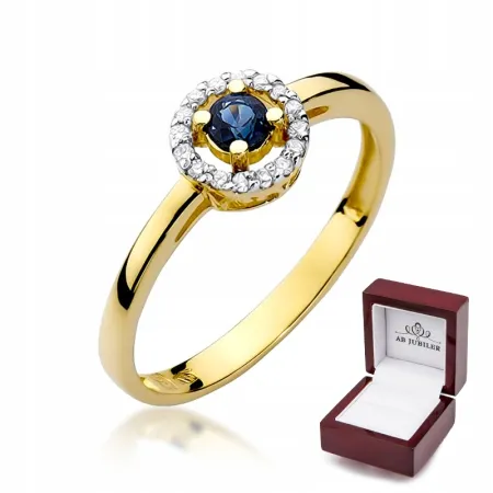 Złoty Pierścionek Zaręczynowy 585 Szafir Diamenty