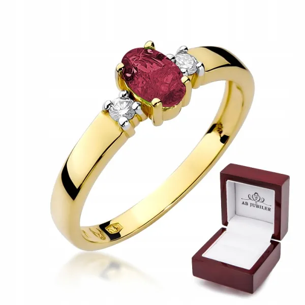 Złoty 585 Pierścionek Zaręczynowy Rubin Diamenty