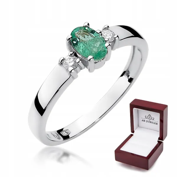 Pierścionek Białe Złoto Szmaragd Brylant Próba 585