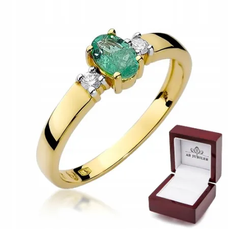 Złoty 585 Pierścionek Szmaragd Brylant na Prezent