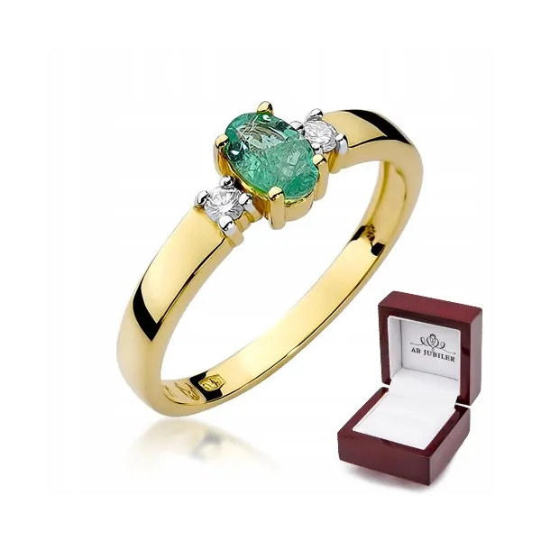 Złoty 585 Pierścionek Szmaragd Brylant na Prezent
