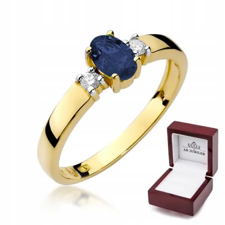 Złoty 14K Pierścionek Zaręczynowy Szafir Diamenty