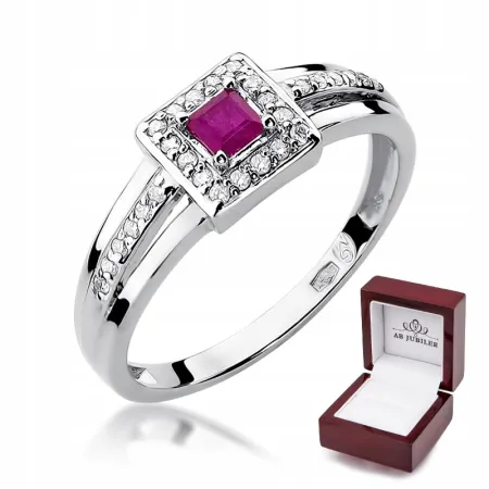 Pierścionek 585 Białe Złoto Rubin Diamenty Grawer