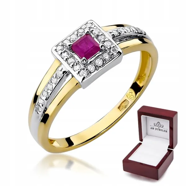 Złoty 585 Pierścionek Rubin Diament Grawer Prezent