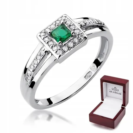 Pierścionek Białe Złoto Szmaragd Diament Próba 585