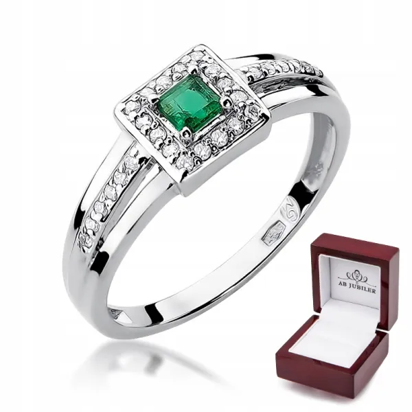 Pierścionek Białe Złoto Szmaragd Diament Próba 585