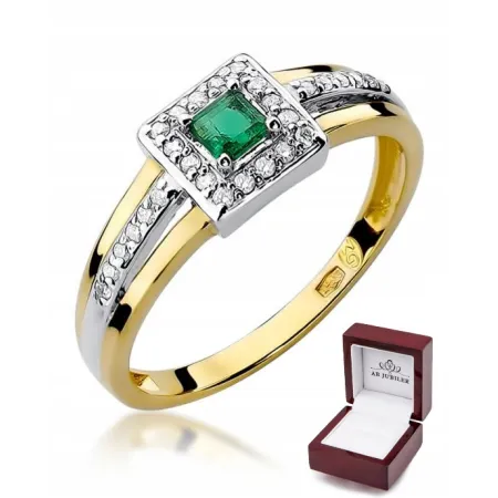 Złoty 585 Pierścionek Szmaragd Diamenty Grawer