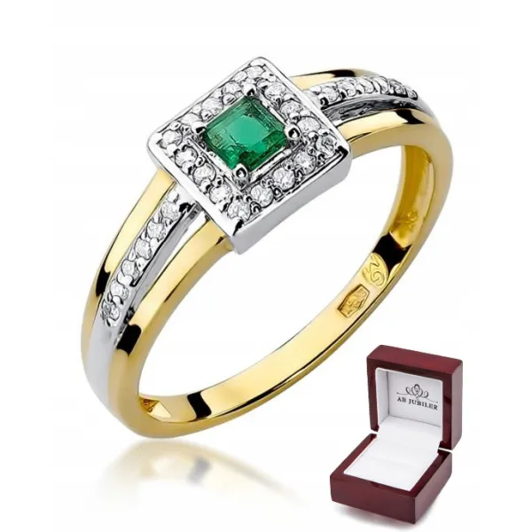 Złoty 585 Pierścionek Szmaragd Diamenty Grawer
