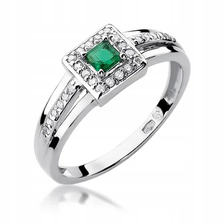 Złoty 585 Pierścionek Szmaragd Diamenty Grawer