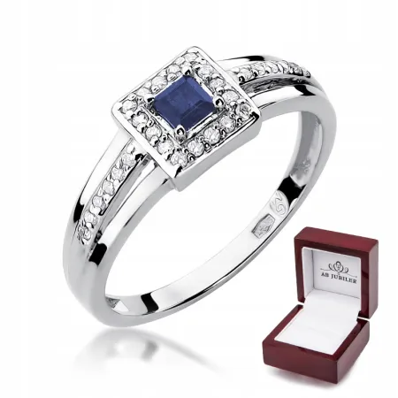 Pierścionek 585 Białe Złoto Szafir Diamenty Grawer