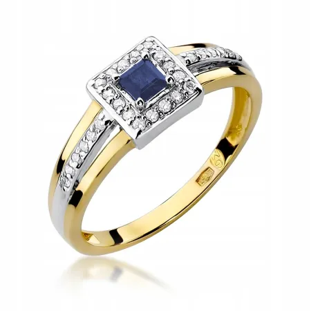 Pierścionek 585 Białe Złoto Szafir Diamenty Grawer