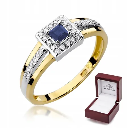 Złoty 585 Pierścionek Zaręczynowy Szafir Diamenty