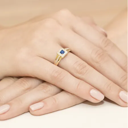 Złoty 585 Pierścionek Zaręczynowy Szafir Diamenty