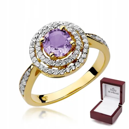 Złoty 585 Pierścionek Ametyst 0,90ct Brylanty