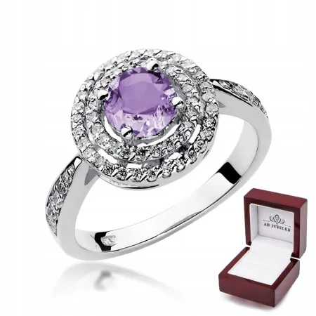 Pierścionek 585 Białe Złoto Ametyst Brylant Grawer