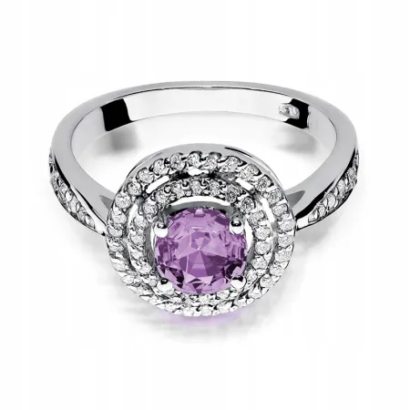 Pierścionek 585 Białe Złoto Ametyst Brylant Grawer