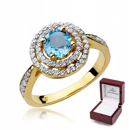 Złoty 585 Pierścionek Topaz Brylanty na Prezent