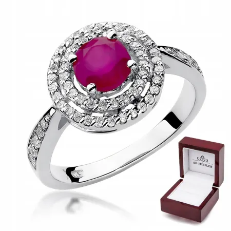 Pierścionek 585 Białe Złoto Rubin Brylanty Grawer