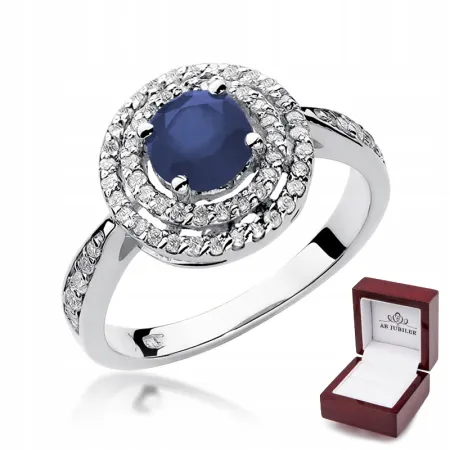 Pierścionek 585 Białe Złoto Szafir Diamenty Grawer