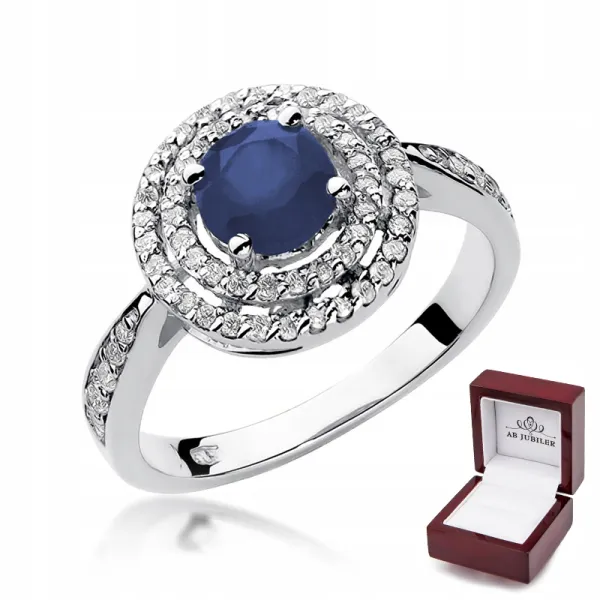 Pierścionek 585 Białe Złoto Szafir Diamenty Grawer