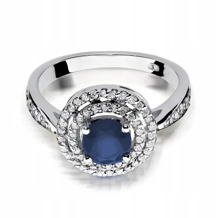 Pierścionek 585 Białe Złoto Szafir Diamenty Grawer