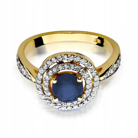 Pierścionek 585 Białe Złoto Szafir Diamenty Grawer