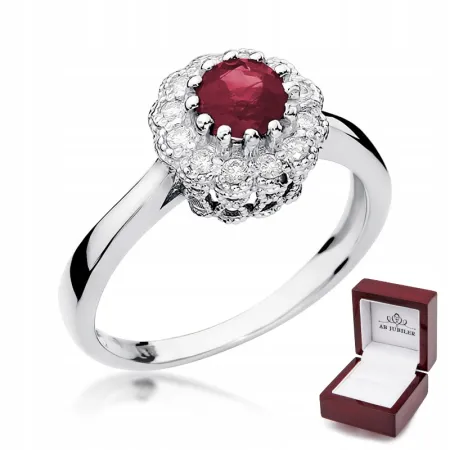 Pierścionek Białe Złoto Rubin Diamenty Próba 585