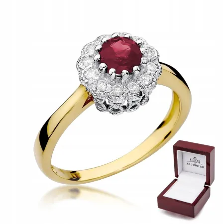 Złoty 585 Pierścionek Rubin Diament Grawer Prezent