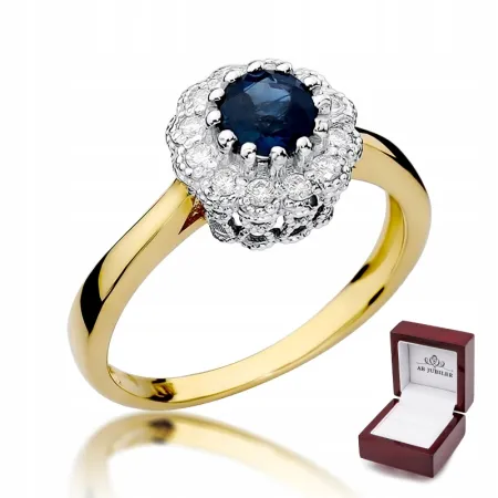 Złoty 585 Pierścionek Zaręczynowy Szafir Diamenty