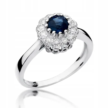 Złoty 585 Pierścionek Zaręczynowy Szafir Diamenty