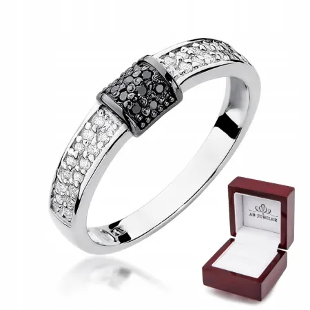 Pierścionek 585 Białe Czarne Brylanty Białe Złoto