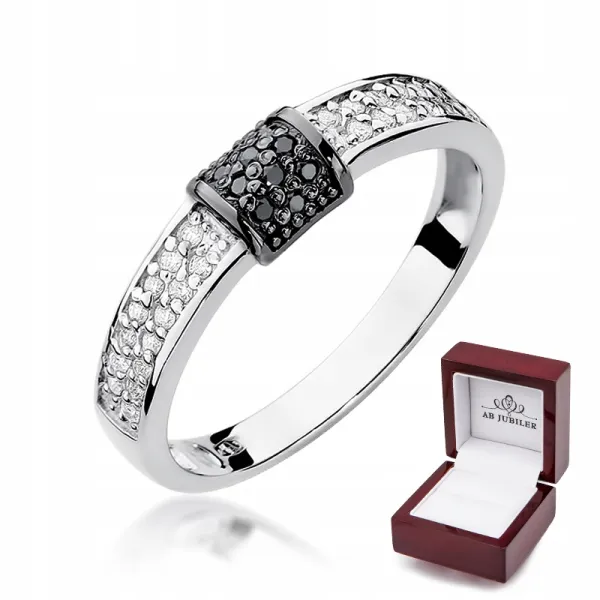 Pierścionek 585 Białe Czarne Brylanty Białe Złoto