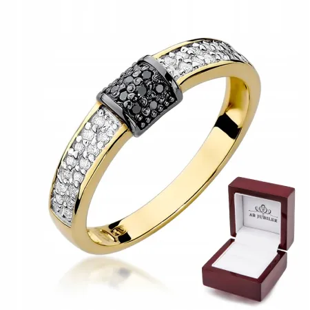 Pierścionek 585 Białe i Czarne Brylanty Grawer