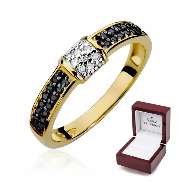 Złoty 585 Pierścionek Czarne i Białe Brylanty