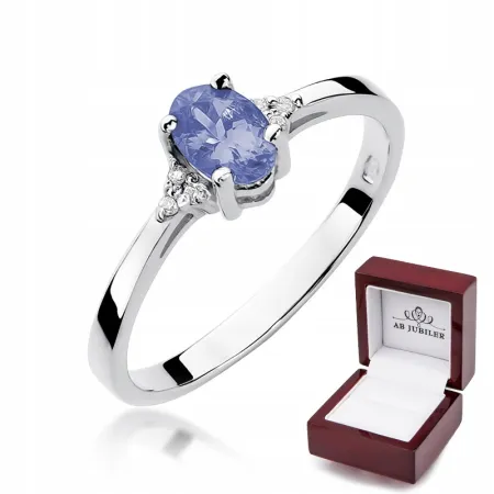 Pierścionek 585 Białe Złoto Tanzanit i Diamenty