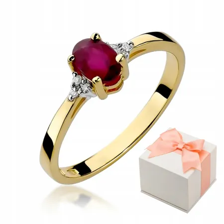 Złoty 585 Pierścionek Rubin Brylant Grawer Prezent