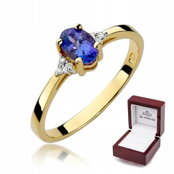 Złoty 585 Pierścionek Zaręczynowy Szafir Diamenty