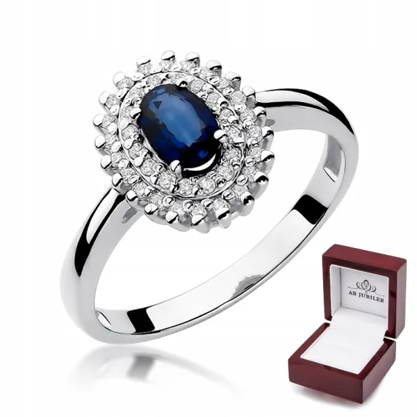 Pierścionek 585 Białe Złoto Szafir Diamenty Grawer
