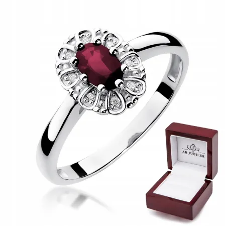 Pierścionek 585 Białe Złoto Rubin 0,60ct Diament