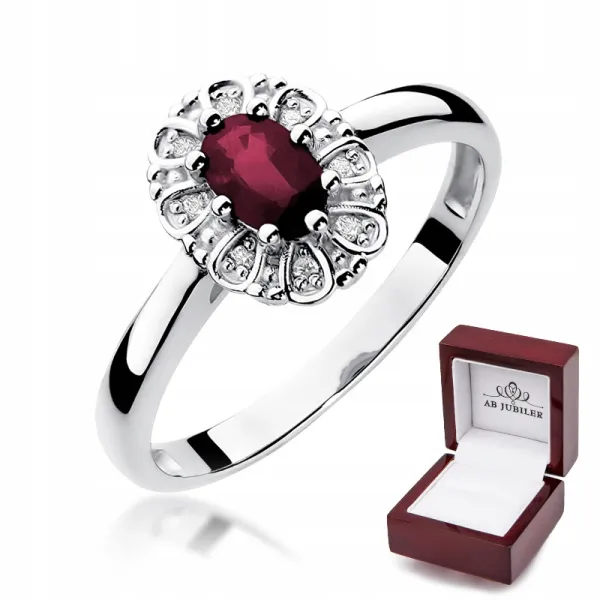 Pierścionek 585 Białe Złoto Rubin 0,60ct Diament