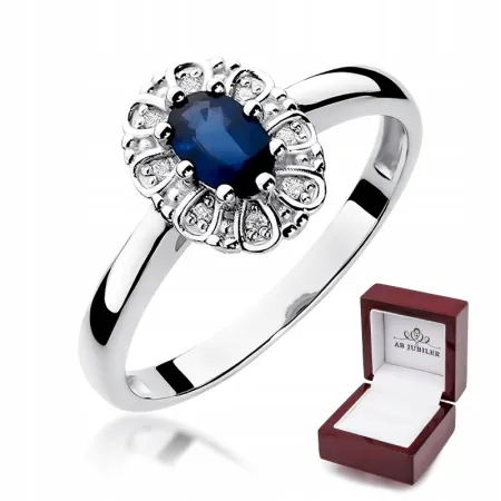 Pierścionek 585 Białe Złoto Szafir Diamenty Grawer