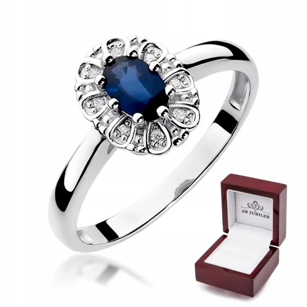 Pierścionek 585 Białe Złoto Szafir Diamenty Grawer