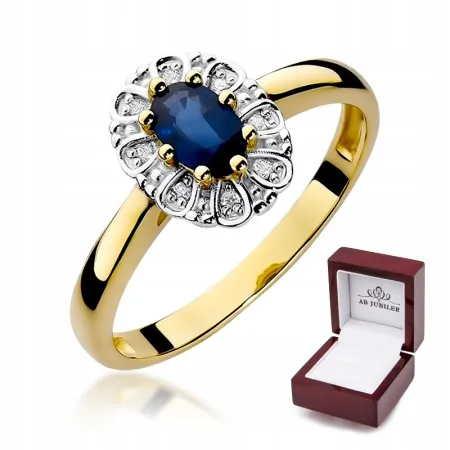 Złoty Zaręczynowy 585 Pierścionek Szafir Diamenty